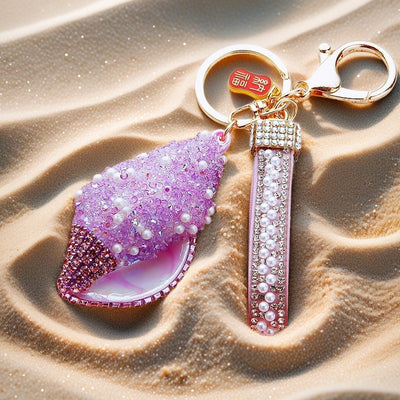 Main image 1 shows a supplied presentation of jeweled candy conch shell keychains with visible attached key hardware.