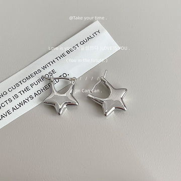 Silver-Tone Polished Five-Point Star Huggie Hoop Earrings
