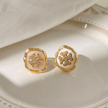 Gold Irregular Shell Flower Pave Zircon Mother-of-Pearl Stud Earrings