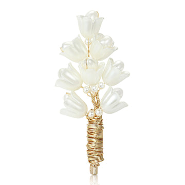 White Petal Branch Brooch With Gold or Silver Wrapped Stem