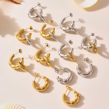 Geometric C Hoop Stud Earrings Ring Drop Gold Steel Mix