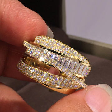 Gold Tone Multi Band Open Adjustable Baguette Pavé Ring