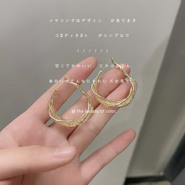 Gold Tone Twisted Lattice Mesh Hoop Earrings Hinged Pair
