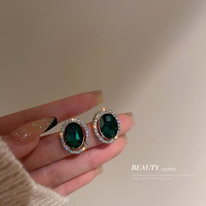 Green Oval Crystal Halo Stud Statement Earrings Pair