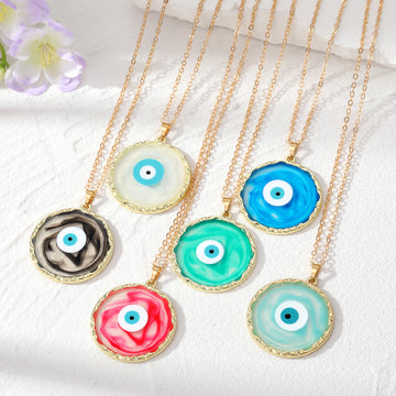 Gold Tone Round Resin Evil Eye Pendant Necklaces in Six Colors