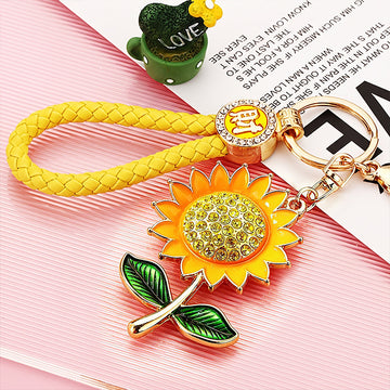 Crystal Center Sunflower Keychains With Optional Yellow Wrist Strap