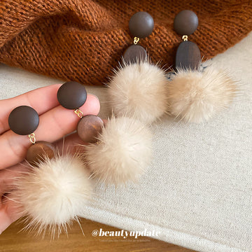 Brown Geometric Pom Pom Drop Earrings in Two Shapes
