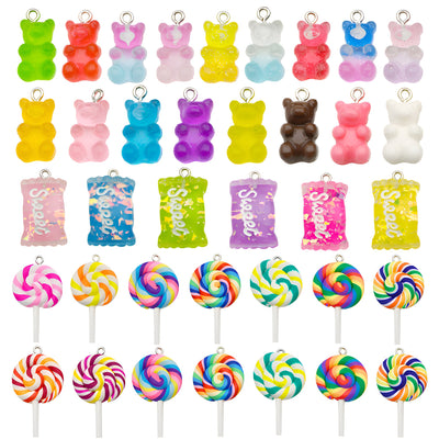 Multicolor lollipop charms arranged on a light background