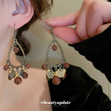 Vintage Gold Tone Beaded Teardrop Statement Hook Earrings