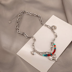 Silver Chain Heart Charm Necklace Multicolor Seed Beads