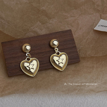Gold Ball Stud Earrings Heart Drop Raised Star Center