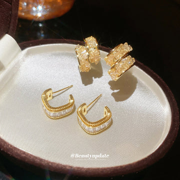 Gold Rectangular Crystal Huggie Earrings Fashion Jewelry Accessory