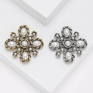 Vintage Pearl Cross Flower Brooch in Gold or Silver Tone