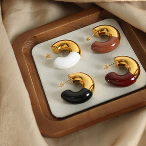 Gold Two-Tone Enamel C-Shape Chunky Stud Earrings Pair