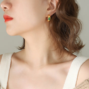 Gold C-Shape Hoop Earrings With Marquise Green Zircon