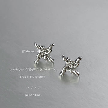 Silver Twisted Rope Knot Geometric Star Stud Earrings Pair