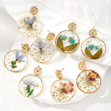 Gold Tone Round Pressed Flower Resin Drop Stud Earrings