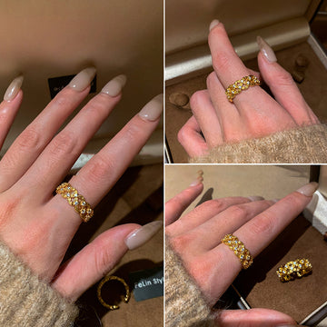 Gold Cross Lattice Open Ring Clear Crystal Accent Stones