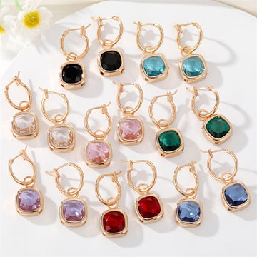 Gold Tone Square Faceted Crystal Huggie Drop Earrings in Eight Colors