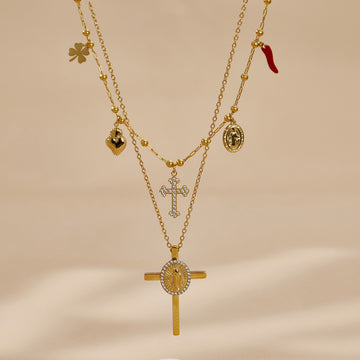 Gold Cross Necklace Zircon Halo Religious Medallion Pendant