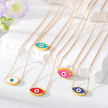 Gold Tone Open Lash Enamel Evil Eye Pendant Necklaces