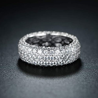 Silver Five Row Clear Stone Wide Ring Metal Jewelry Design shown in a front close-up