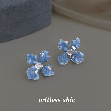 Dusty Blue Translucent Four Petal Flower Stud Earrings