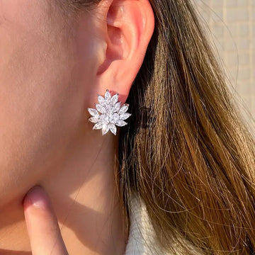 White Gold Marquise Zircon Flower Cluster Stud Earrings