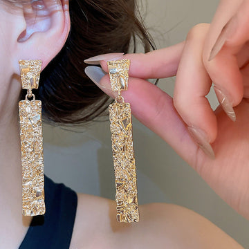 Long Textured Rectangle Drop Earrings in Gold and Silver Tones