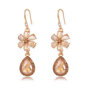 Gold Tone Champagne Floral Halo Openwork Crystal Five Designs Metal Dangle Earrings