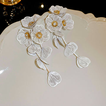 Fabric Flower And Petal Tassel Earrings In Five Colors