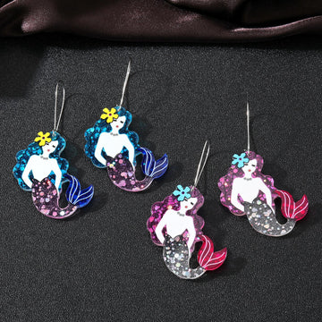 Silver Tone Glitter Mermaid Acrylic Long Hook Earrings