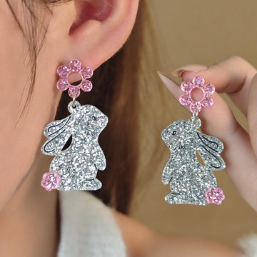 Silver Glitter Rabbit Pink Flower Statement Stud Earrings