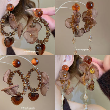 Brown Mesh Pom Pom and Petal Drop Stud Earrings Jewelry Pair