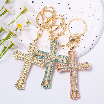 Rhinestone Cross Keychain Gold Ring Three Color Borders