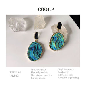 Black Top Blue Green Textured Rough Disc Drop Stud Earrings
