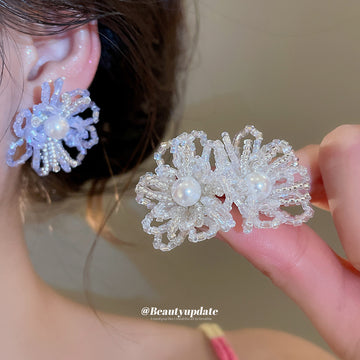 Crystal Beaded Flower Stud Earrings in White and Blue