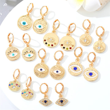 Gold Tone Ornate Evil Eye Medallion Huggie Earrings in Eight Designs