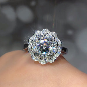 Layered Flower Halo Crystal Ring in Polished Metal