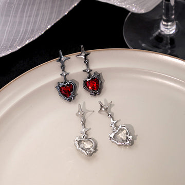 Red and Clear Heart Center Star Link Dangle Earrings