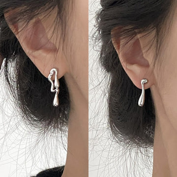 Silver Tone Organic Wavy Mismatched Stud Earrings With Metal Details