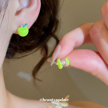 Bright Green Apple Stud Earrings With Tiny Leaf Details