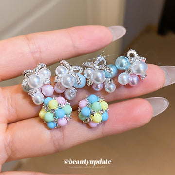 Pastel Bead Grape Cluster and Pearl Bow Stud Earrings