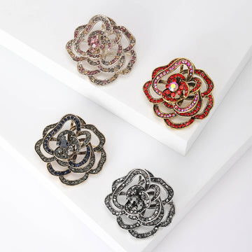 Purple Black Red Blue Rhinestone Openwork Rose Brooch Pins