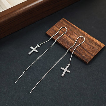 Silver Crystal Pave Cross Long Threader Chain Earrings