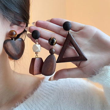 Four Wood Look Geometric Statement Dangle Earrings