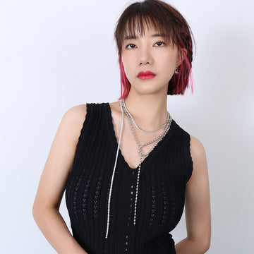 Layered Ball And Zircon Tassel Necklace Steel Tone