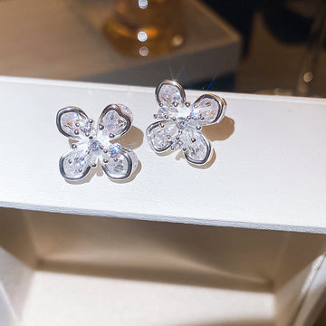 Silver Tone Clear Crystal Five Petal Flower Ear Clips