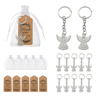Packaging overview shows the silver-tone filigree angel keychain with an organza bag and kraft tags.