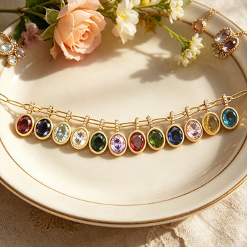 Gold Tone Chain Necklaces With Twelve Oval Birthstone Pendants